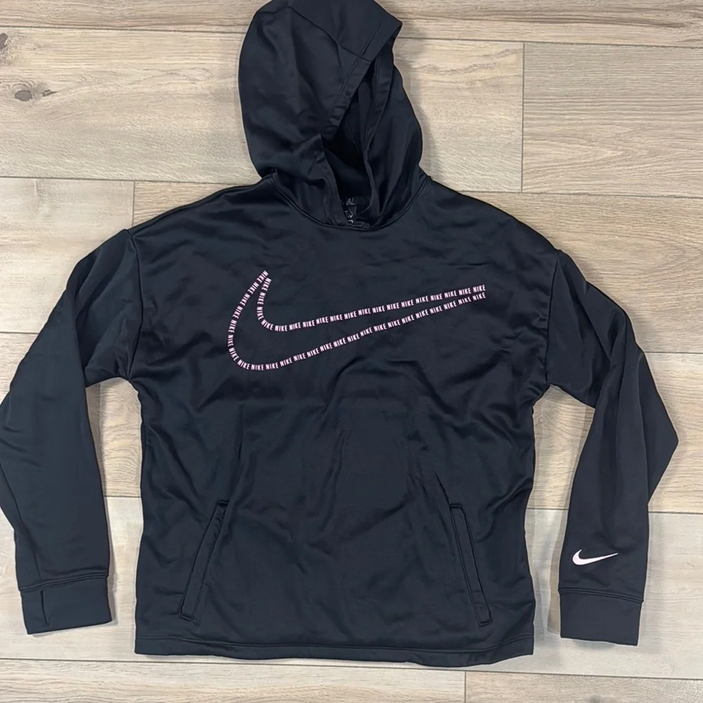 Nike Youth Girls Therma Fit Black Hoodie Pink Logo